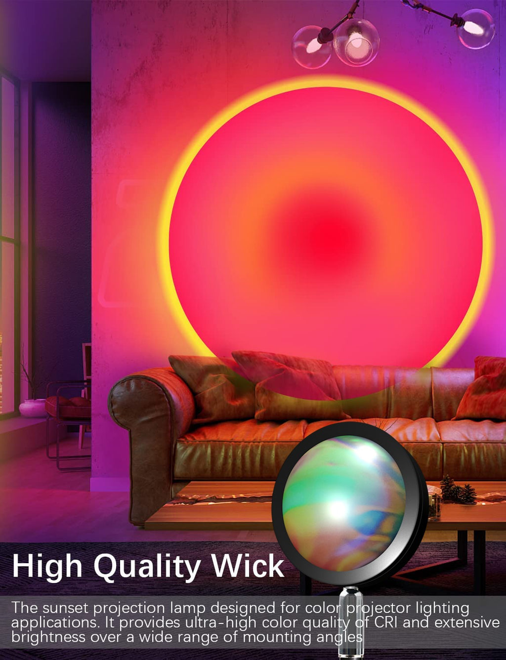 Lâmpada Projetora Sunset LED RGB — 24 Cores, Rotação 180°, Controlo Remoto, Decoração e Fotografia