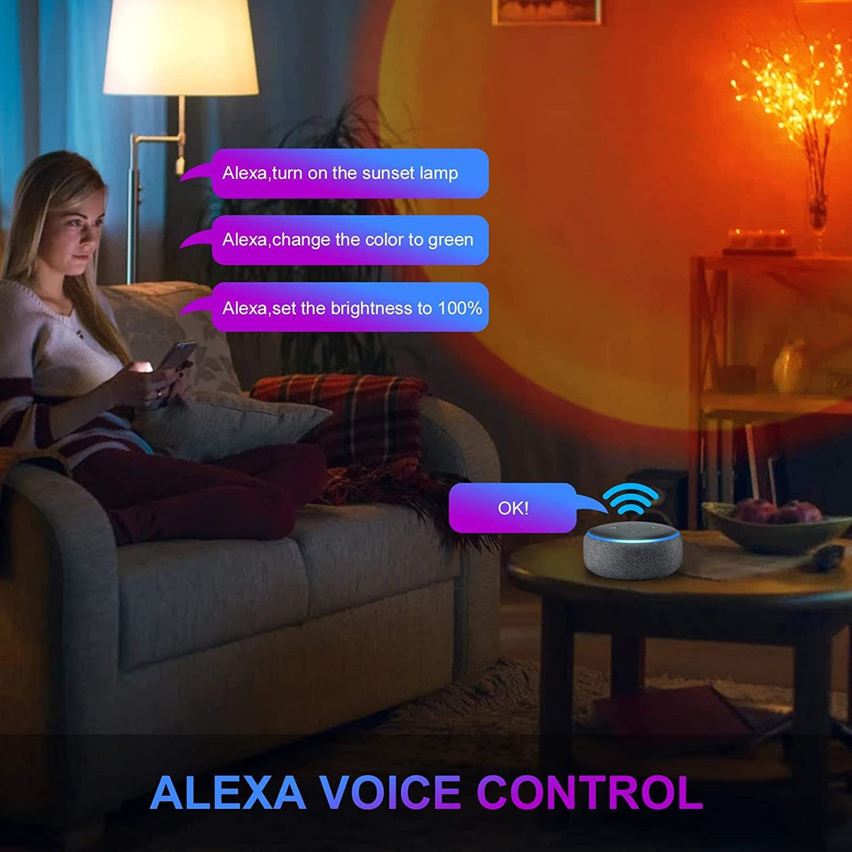 Lâmpada Projetora Sunset LED RGB — 24 Cores, Rotação 180°, Controlo Remoto, Decoração e Fotografia